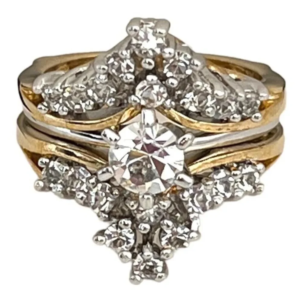 Vintage 1970s Wedding Ring Set Size 7 CZ Bridal Cluster Gold Plated Band - 14R